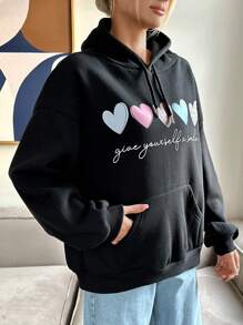 SHEIN PETITE Áo nỉ trùm đầu có túi Kangaroo, in hình tình yêu và khẩu hiệu - màu đen - Xem 4