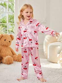 Young Girl Cherry Printed Satin Pajama Set