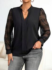 大尺碼蕾絲拼接v領缺角襯衫 - 黑色 - 查看 7