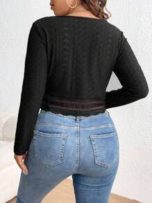 SHEIN Frenchy Plus Size Spring Tops Corset Black Top Lace Trimmed Hole Embroidery T-Shirt - Black - View 2