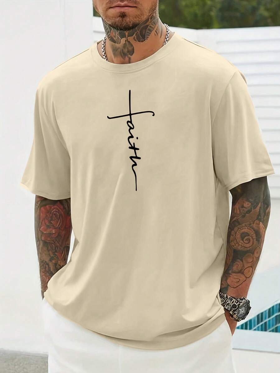 男款印花短袖休閒t恤 - 杏色 - 查看 1