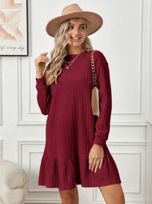 SHEIN Maternity Ribbed Dress With Ruffle Hem And Nursing Design - Red - View 5