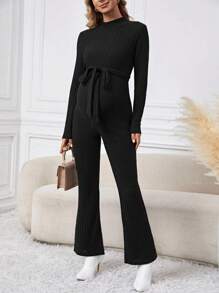 SHEIN Maternity Stand Collar Jumpsuit With Belted Waist And Ribbed Detail - Black - View 4