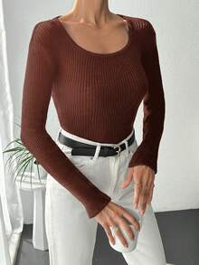 EURMUSE Màu thuần Vòng cổ Tay áo dài Áo len - màu nâu - Xem 3