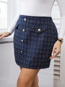 SHEIN Clasi Plus Size Thick Plaid Skirt With Decorative Pocket - Blue - View 3