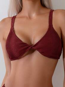 SHEIN Swim 闪亮泡泡布比基尼套装 夏日海滩 - 酒紅色 - 查看 4