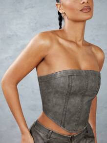 SHEIN BAE Solid Color Vintage Distressed Leather Asymmetrical Hem Backless Corset Top With Intricate Lace-Up Detail - Coffee Brown - View 1