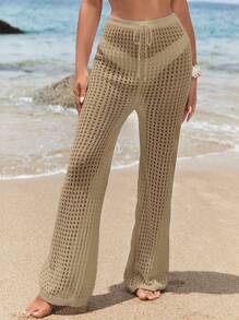 SHEIN Swim Summer Beach Solid Color Hollow Out Cover Up Pants - Khaki - View 5