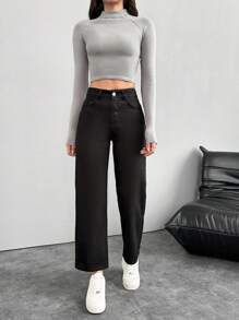 EURMUSE Solid Color Straight Denim Trousers - Black - View 6