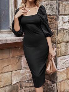 SHEIN Clasi 泡泡袖方領優雅連身裙 - 黑色 - 查看 5