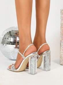 时尚高跟拖鞋，饰有水钻和踝带，银色鞋头和透明方形水晶鞋跟，适合女性情人节、春夏装扮。 - 銀色 - 查看 7