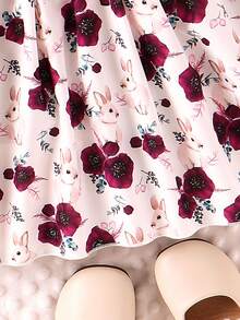 SHEIN 小女孩春秋日常休閒假期可愛的花印圓領長袖連衣裙和髮帶 - 酒紅色 - 查看 3