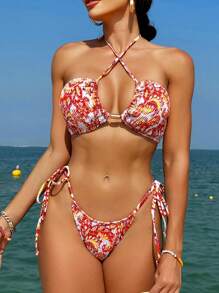 SHEIN Swim Sommer Damen Bikini Set mit Blumendruck und Trägerhals, Neuheit - Verschiedenfarbig - Übersicht 8