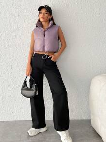 SHEIN PETITE Viền kéo ra Đệm Áo khoác vest - Màu tím - Xem 3
