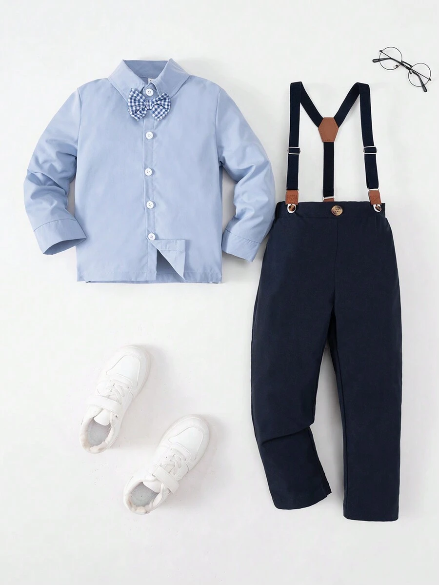 SHEIN 男孩禮服2件組,純色襯衫+领结配純色褲,时尚且适合生日派对、晚间聚会、表演、婚禮、洗禮和首个生日等场合 - 藍色 - 查看 1