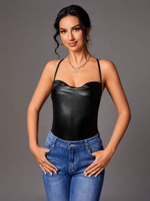 SHEIN Tall Ladies' Pu Leather Bodysuit - Black - View 9