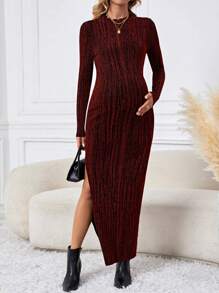 SHEIN Maternity Long Sleeve Side Split Dress - Burgundy - View 1