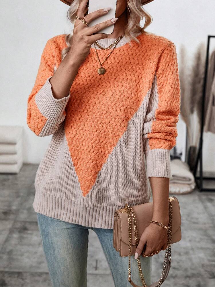 Women's Color Block Round Neck Loose Casual Knit Pullover Fall Winter Sweater