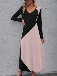 SHEIN LUNE 女款拼色v領長袖連身裙 - 彩色 - 查看 5