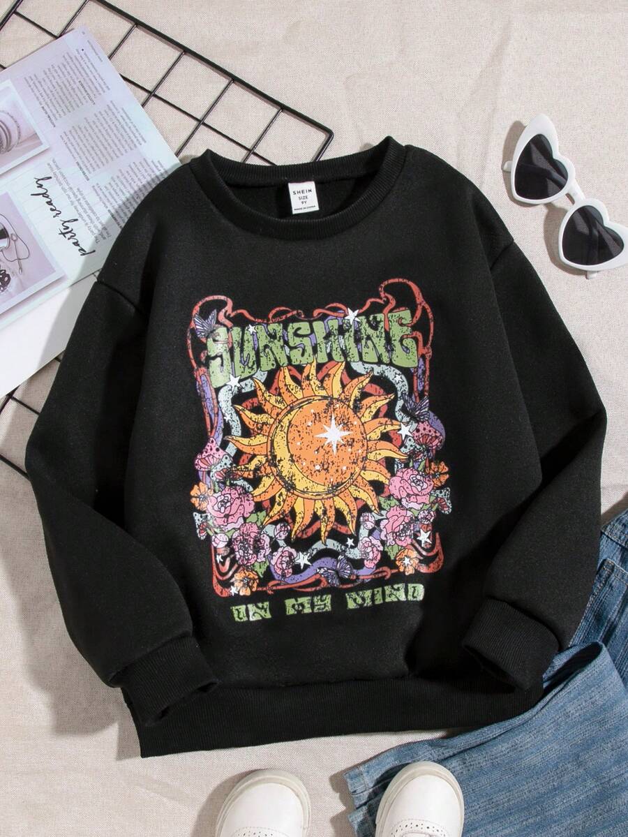 SHEIN Tween 女童休闲街头服饰太阳与标语印花运动衫 - 黑色 - 查看 1