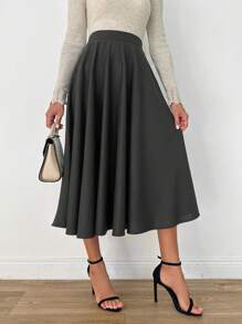 EURMUSE Solid Color Umbrella Skirt - Dark Grey - View 5
