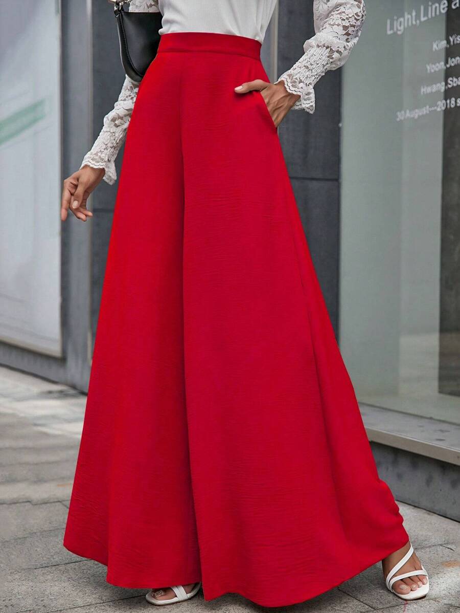 SHEIN LUNE Solid Color Wide Leg Pants With Hidden Pocket For New Year Clothes Fall Cloth For Women - Red - View 1