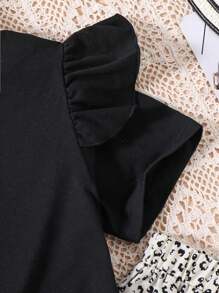 Teen Girls' Solid Color Top And Wide Leg Pants Two-Piece Set - Black - View 3