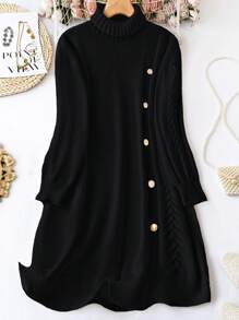 Celure Kích thước lớn Cổ cao Nút Trang trí Đầm Áo len - màu đen - Xem 1