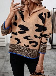 SHEIN LUNE Women's Leopard Print Half Zipper Sweater - Multicolor - View 1