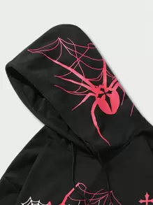 ROMWE MEN Goth Moletom com Capuz Masculino com Estampa de Aranha, Retalhos e Xadrez, Cordão, Halloween