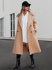 SHEIN Essnce 女式大翻領雙排扣束腰毛呢大衣 - 駝色 - 查看 2