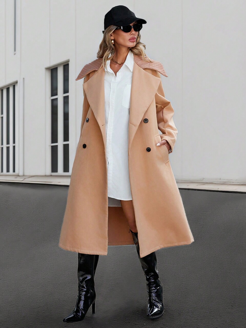 Women's Woolen Coat With Large Lapel, Double Breasted Closure And Belted Waist