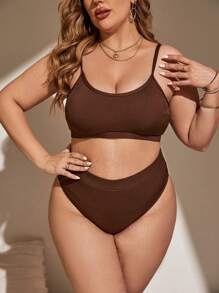 Swim Vcay Summer Beach Plus Size Women's Rib-Knit Bikini Set Bathing Suit - Brown - View 4