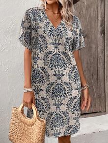 SHEIN LUNE Floral Printed Short Sleeve Dress For Women - Multicolor - View 6