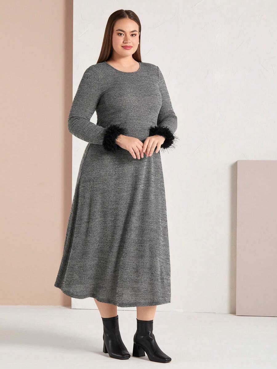 Mulvari Plus Size Women'S Patchwork Sleeve Cuff Round Neck Dress - Grey - View 1