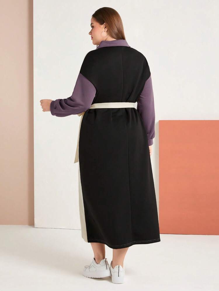Plus Size Women's Polo Collar Color Block Drop Shoulder Dress With Belt
