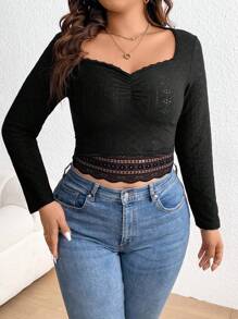 SHEIN Frenchy Plus Size Spring Tops Corset Black Top Lace Trimmed Hole Embroidery T-Shirt - Black - View 4