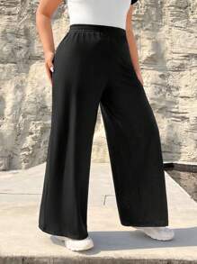 SHEIN EZwear Plus Size Black Knitted High-Waist Wide-Leg Pants - Black - View 4
