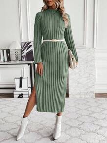 SHEIN Clasi 女士純色立領鬆緊針織毛衣外套 - 綠色 - 查看 4