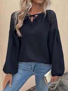SHEIN Clasi Mesh Spliced Lace-up Long Sleeve Shirt - Black - View 5