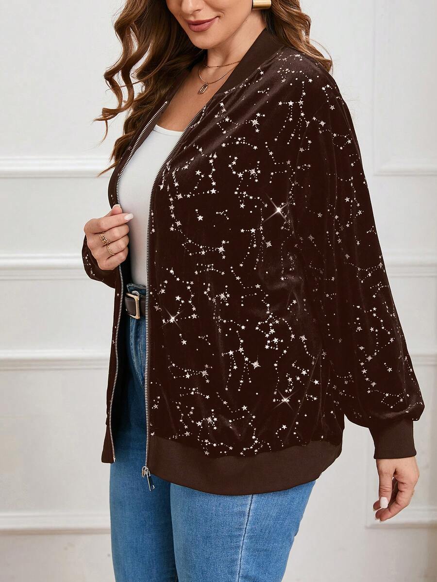 SHEIN Essnce Plus Size Velvet Zipper Jacket With Starry Sky Pattern