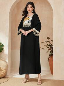 Mulvari 亮片流蘇拼接連衣裙 - 黑色 - 查看 1