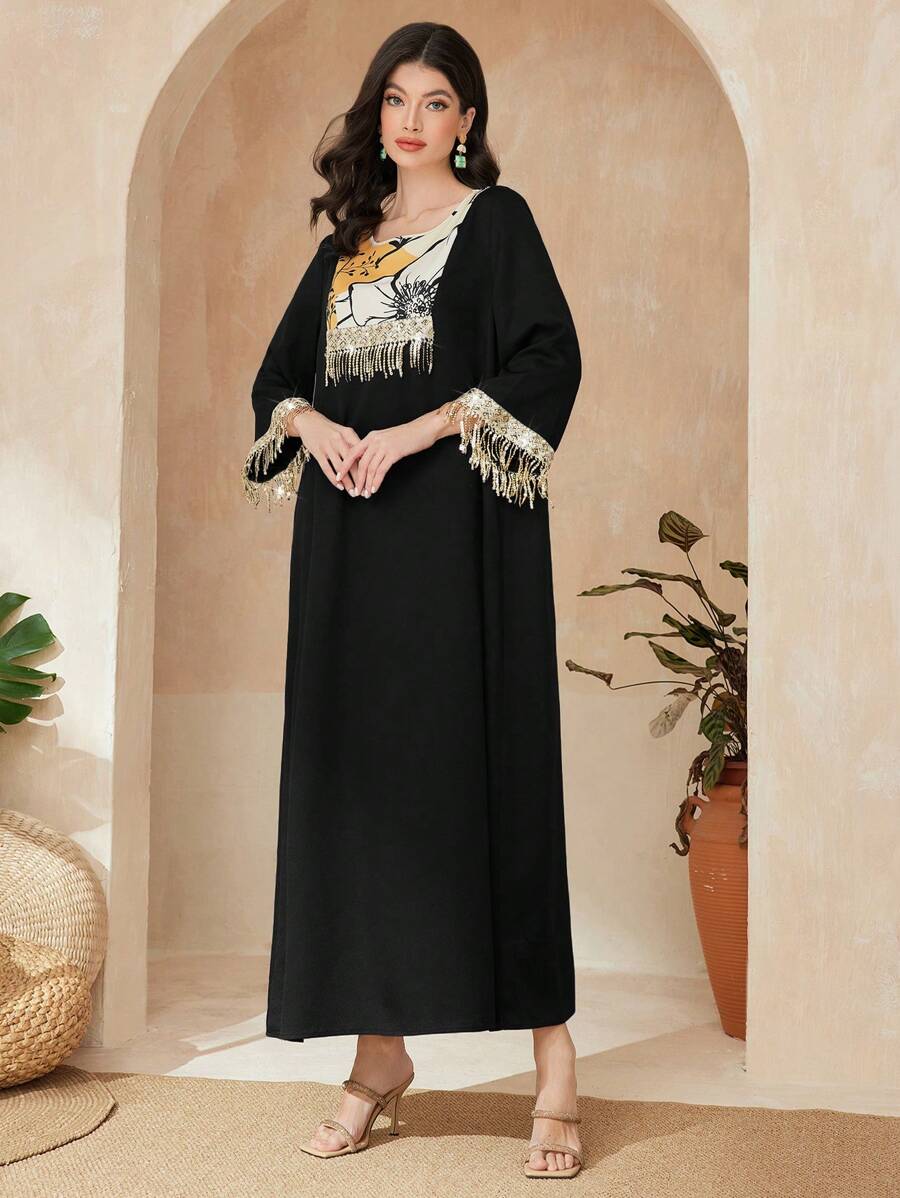 Mulvari 亮片流蘇拼接連衣裙 - 黑色 - 查看 1