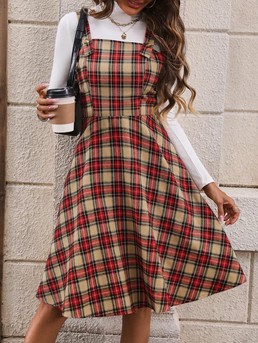 SHEIN Frenchy Plaid Overall Dress - Apricot - View 1