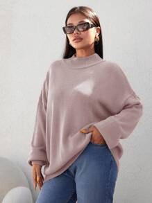 SHEIN Cottnline Women's Plus Size Solid Color Drop Shoulder Sweater Pullover - Pink - View 5