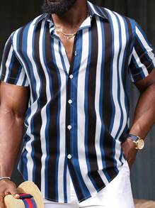 Manfinity Homme Men's Plus Size Vertical Striped Short Sleeve Casual Shirt , Button Up Collar Graphic Stripe Colorful Shirt - Green - View 1