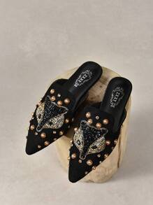 2025 Autumn 2023 New Arrivals Women's Cute Rhinestone-Like Fox Animal Decor Fashionable Casual Flat Mules - Black - View 2