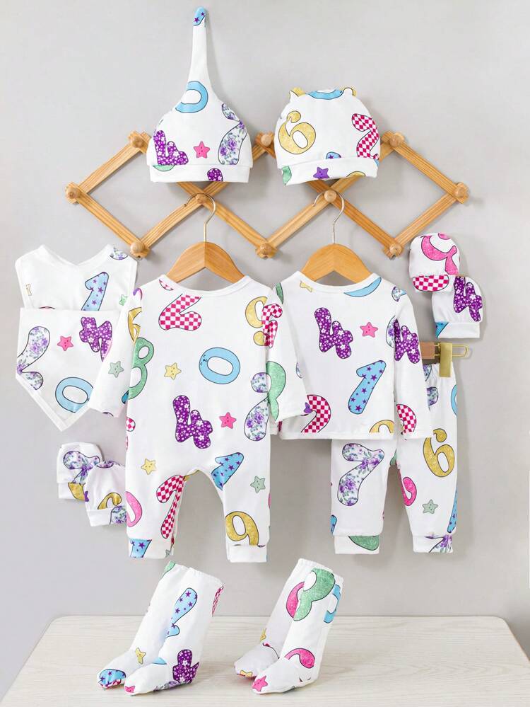 12-Piece Baby Girl Autumn And Winter Cute Numbers And Letters Fun Printed Warm Knitted Daily Casual Gift Set