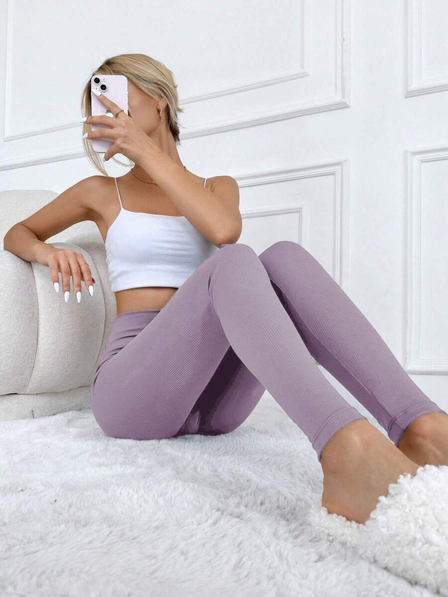 EURMUSE Solid Wideband Waist Leggings - Pink - View 1