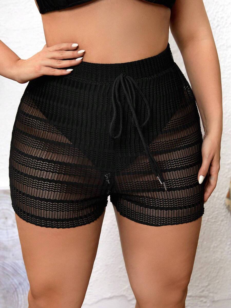Swim Lushoire Summer Beach Plus Size 1pc Tie Waist Sheer Cover Up Shorts
